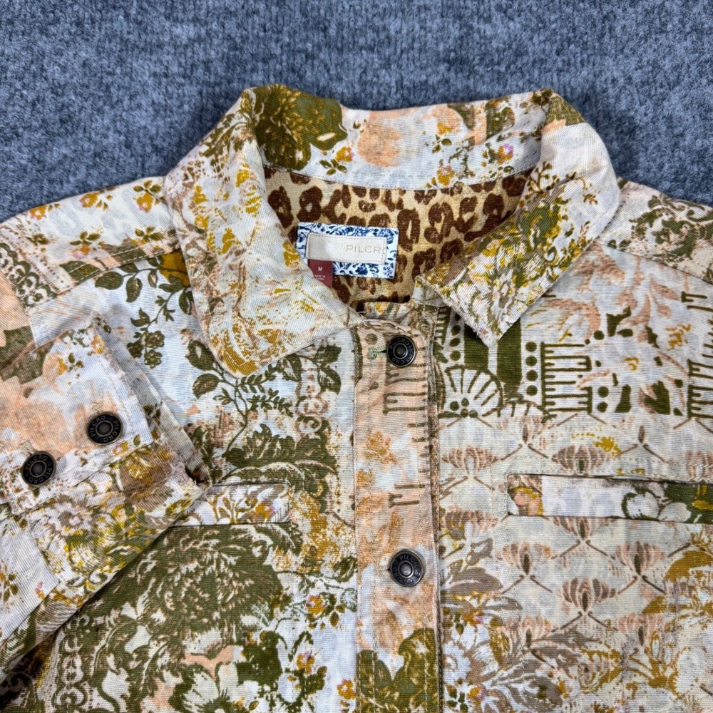 Anthropologie Pilcro Floral Patchwork Utility Jacket Women M Tan Artsy Boho EUC